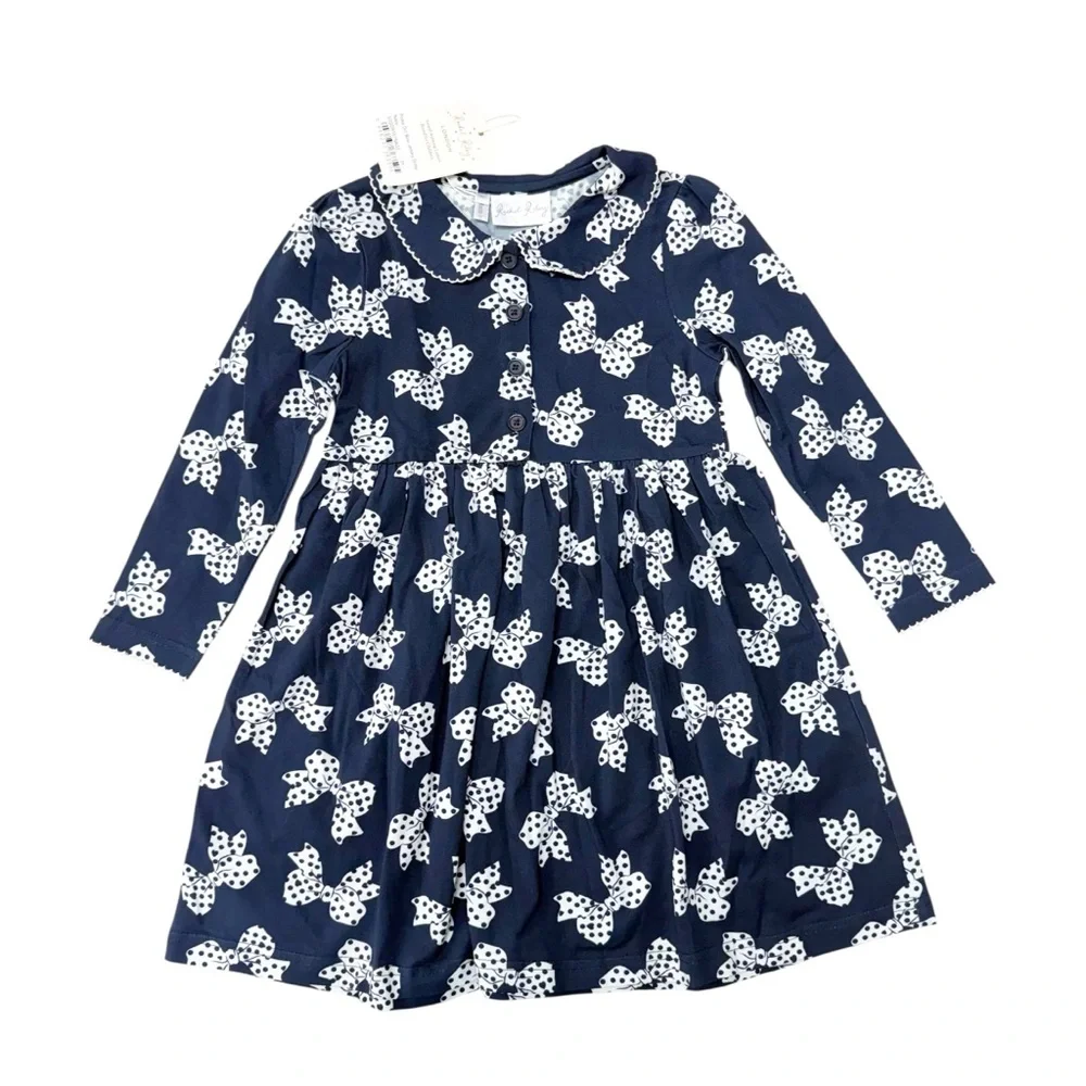 New! Rachel Riley navy cotton polka dot bow dress